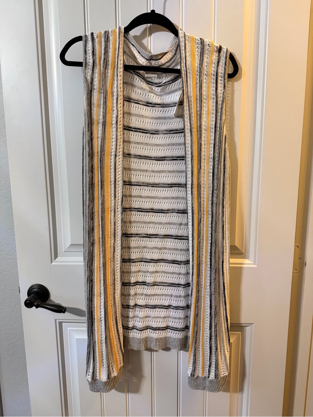 Cato Striped Open-Front Long Vest in Gray, White & Yellow
